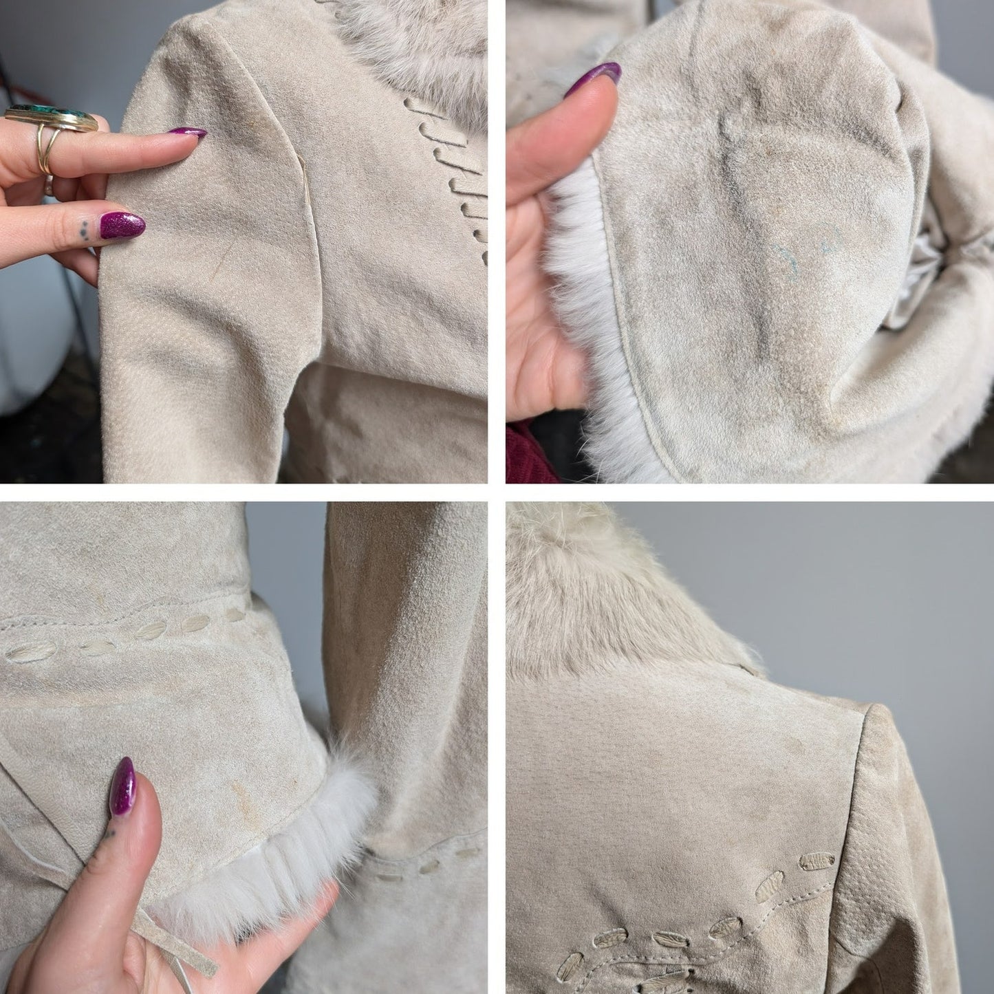 Vintage Tan Suede Penny Lane Coat Neutral Leather Fur Trim Boho Chic Coat Small