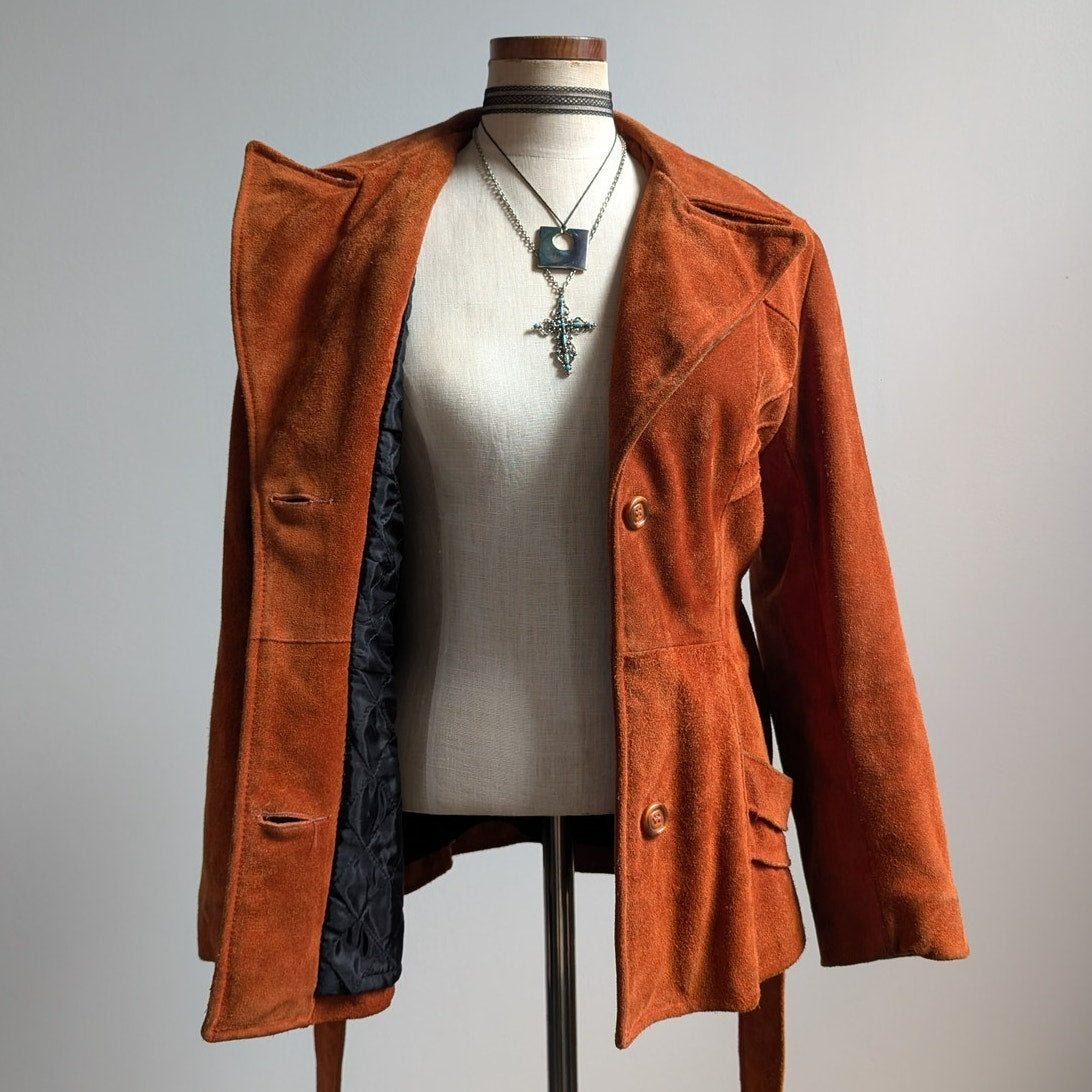 Vintage Orange Brown Suede Jacket Belted Leather Coat Western Rust Red 70s Small