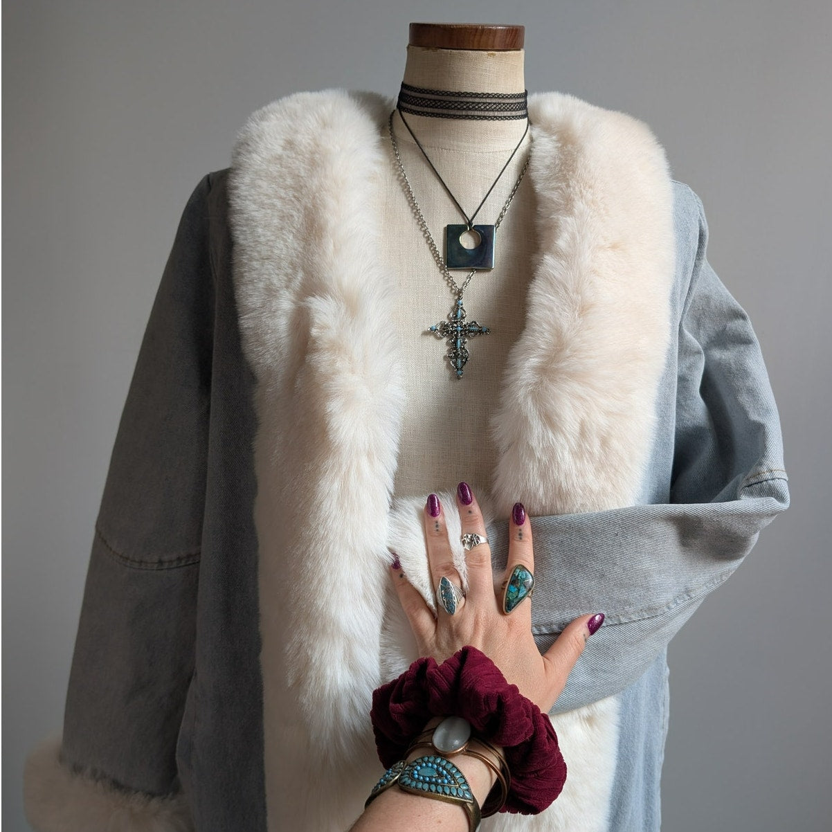 Y2K Faux Fur Penny Lane Afghan Coat Denim Trench Coat 90s Boho Jean Jacket Large