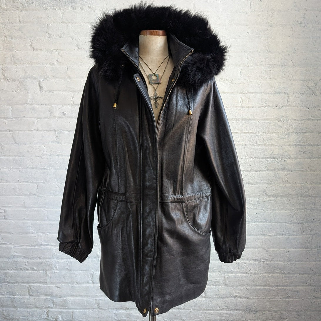 Vintage Black Leather Jacket Fox Fur Coat Sexy Black Leather Trench Coat Medium