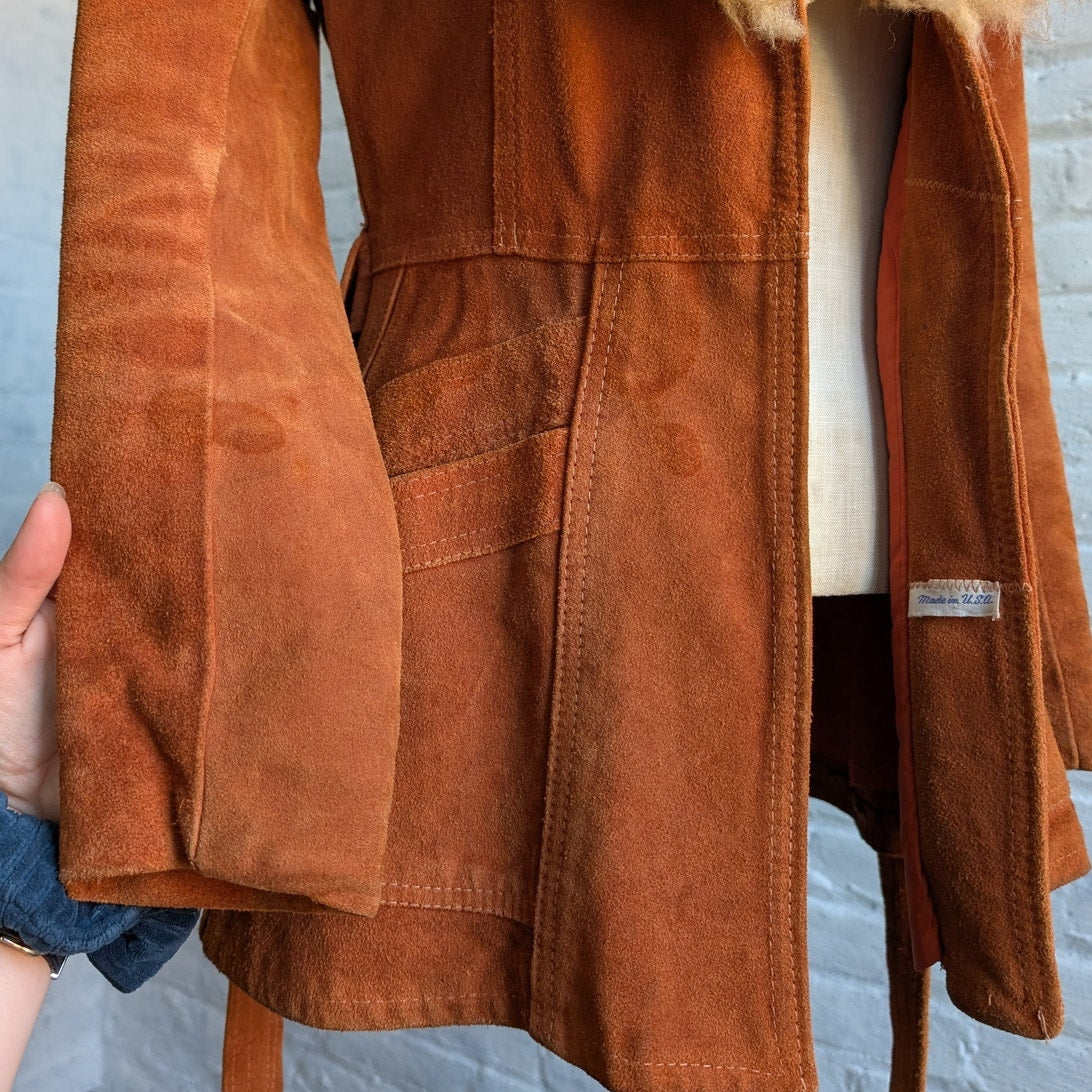 70s Orange Suede Penny Lane Jacket Groovy Fur Furry Genuine Leather Trench Coat
