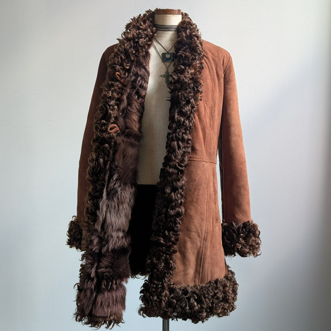 Vintage Brown Suede Penny Lane Afghan Trench Coat Fur Trim Leather Jacket Large