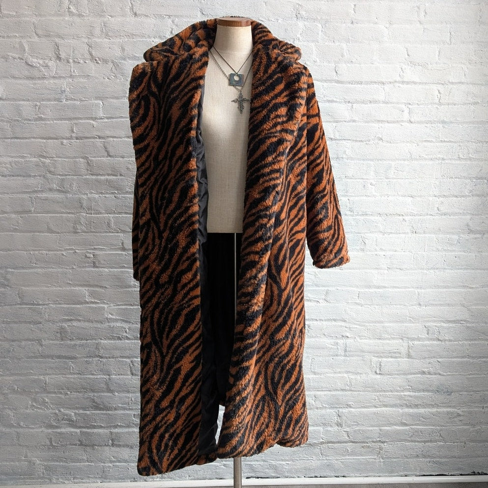 Y2K Orange Cheetah Faux Fur Trench Coat Striped Animal Print Fuzzy Furry Jacket