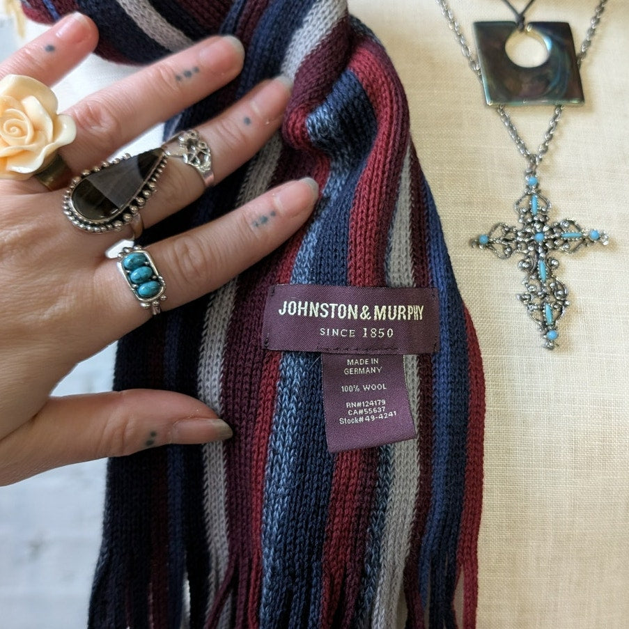 Vintage Red Blue White Striped 100% Wool Scarf Retro Furry Knit Fringe Wrap