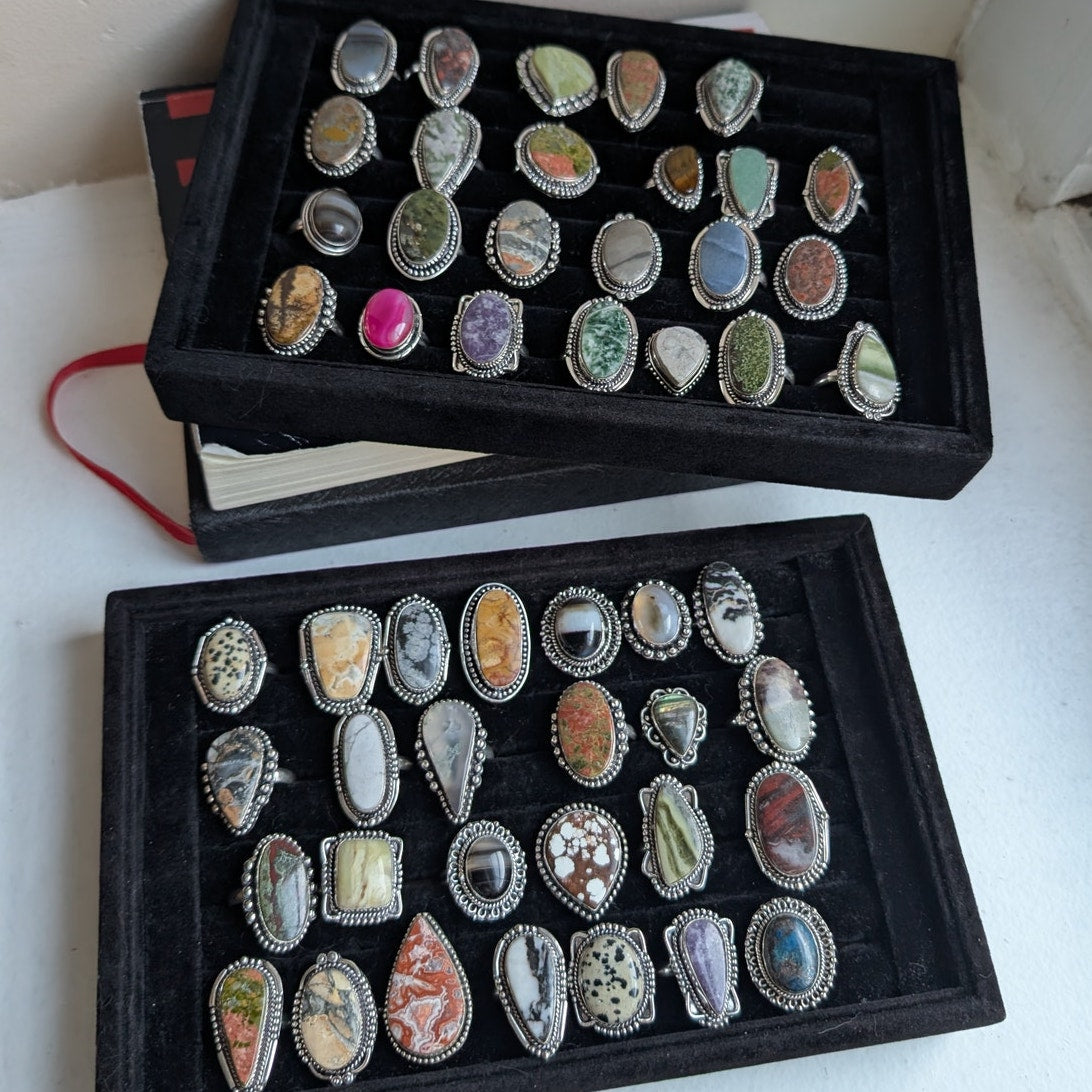 Earthy Green White Sterling Silver Ring Retro Vintage Boho Natural Stone Size 9