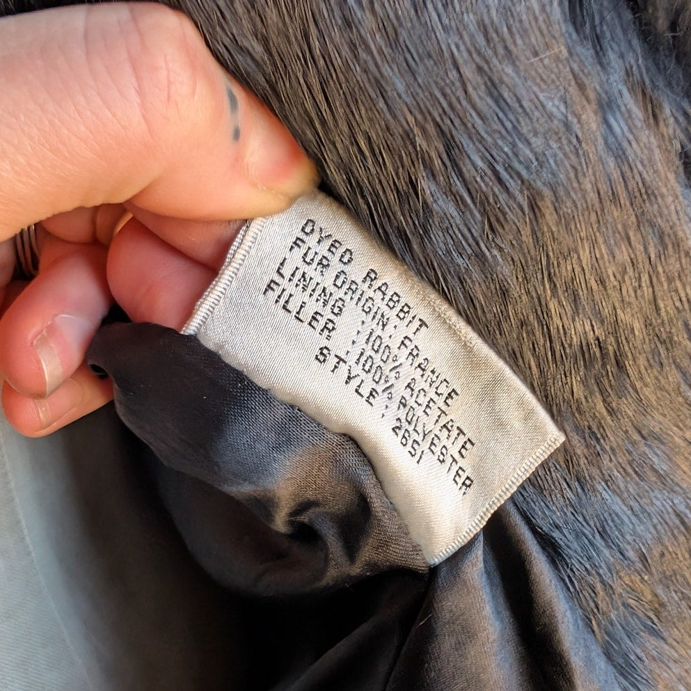 Vintage Jet Black Genuine Rabbit Fur Coat Minimalist Furry Fuzzy Bomber Jacket