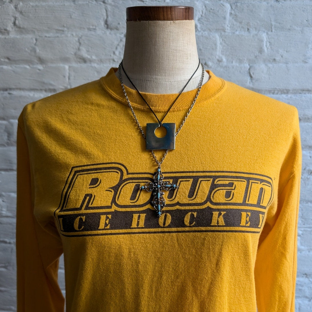 Vintage Yellow Crewneck Tee Hockey Graphic Long Sleeve Retro Tshirt Top Small