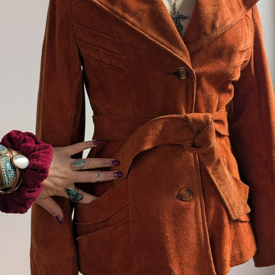 Vintage Orange Brown Suede Jacket Belted Leather Coat Western Rust Red 70s Small