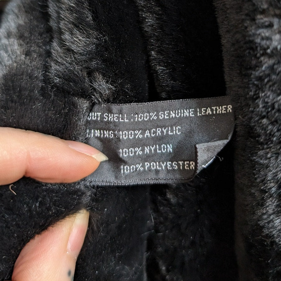 Vintage Black Suede Leather Trench Coat Fur Trim Leather Winter Jacket Large