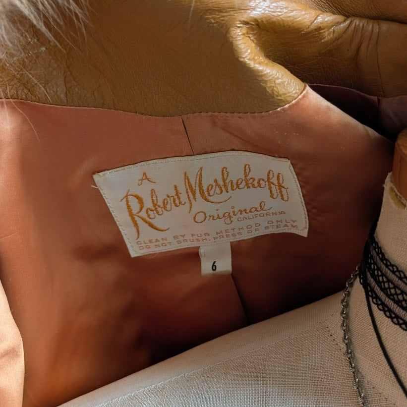 Vintage Mustard Leather Penny Lane Jacket Groovy Fur Trim 70s Trench Coat Medium