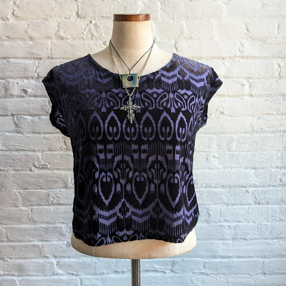 Y2K Blue Velvet Top Psychedelic Burnout Tee Knit Crop Top Dark Romance Medium