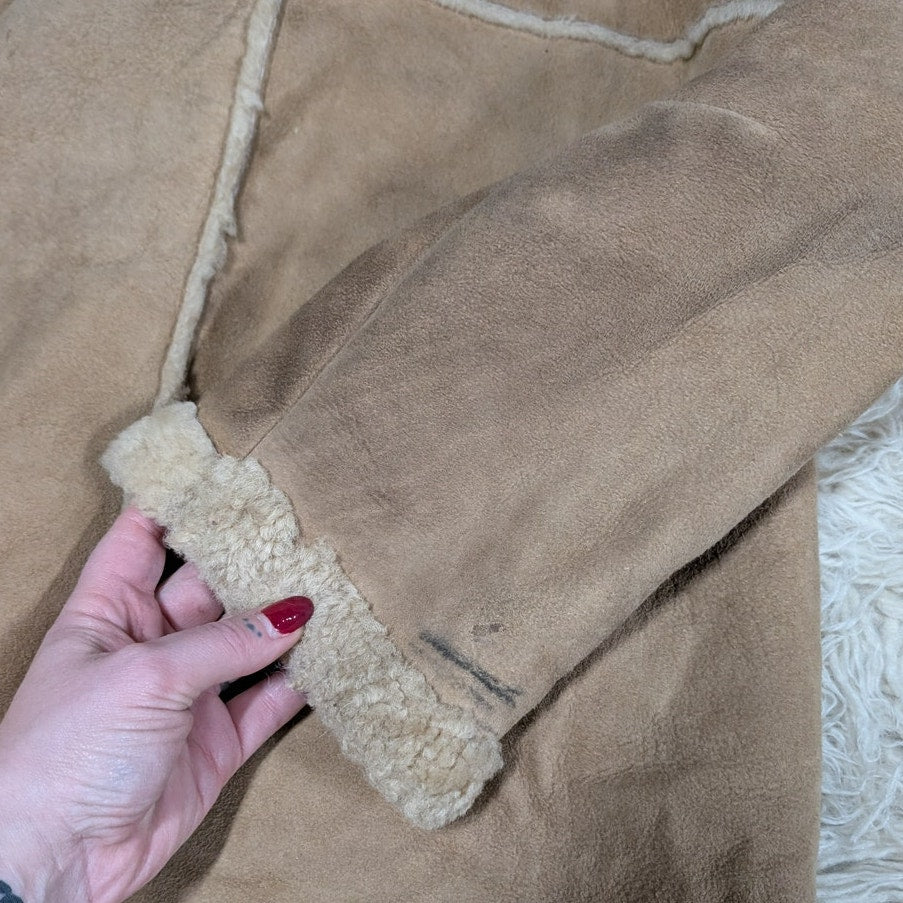Vintage Brown Suede Shearling Coat Fur Coat Wool Minimalist Winter Jacket Medium