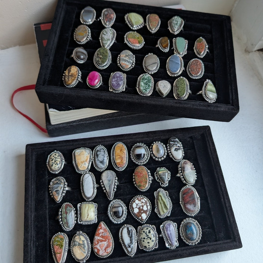 Oval Brown Yellow Sterling Silver Ring Retro Vintage Boho Natural Stone Size 7