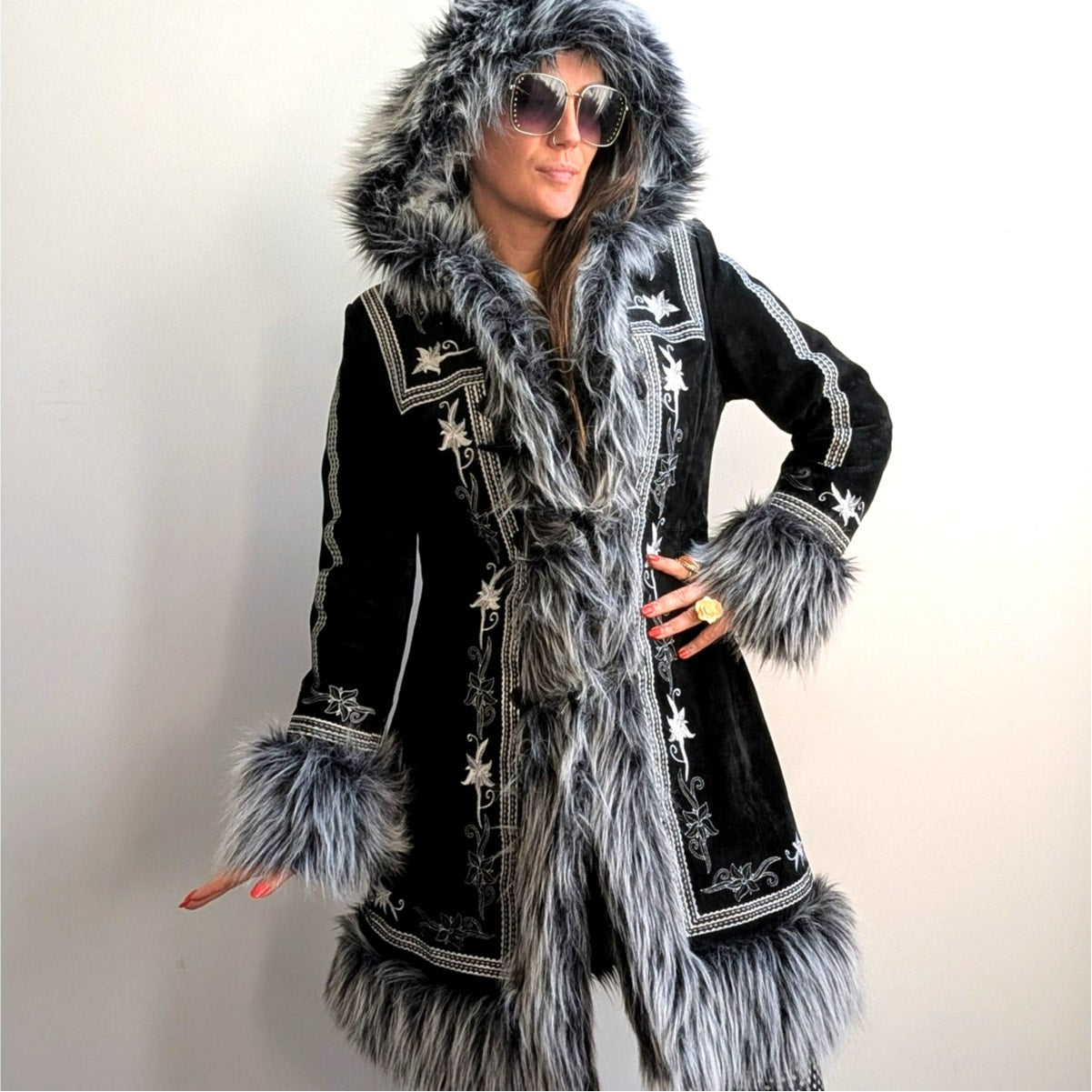 Vintage Black Suede Coat Penny Lane Groovy Faux Fur Jacket Afghan Trench Medium