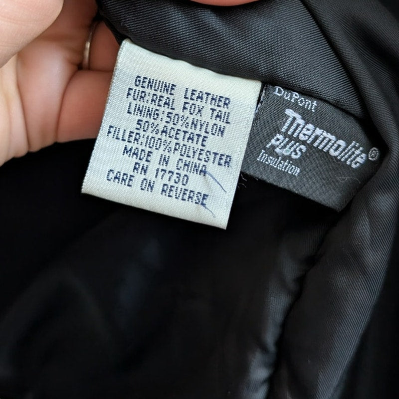 Vintage Black Leather Fox Fur Coat Penny Lane Minimalist Boho Moto Grunge Jacket