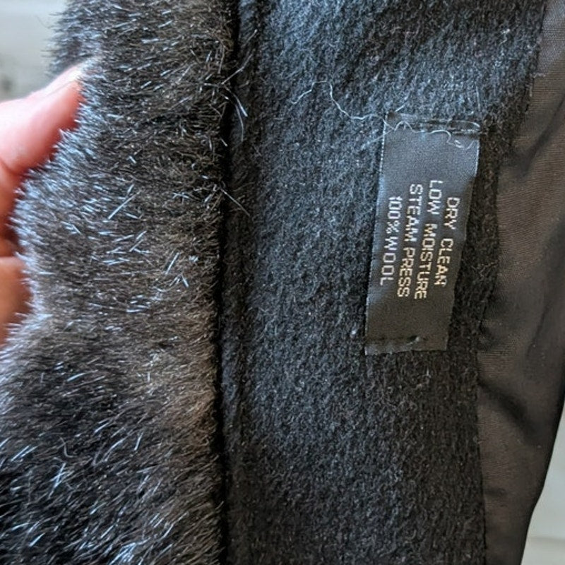 Vintage Black Wool Trench Coat Faux Fur Minimalist Penny Lane Grunge Goth Jacket