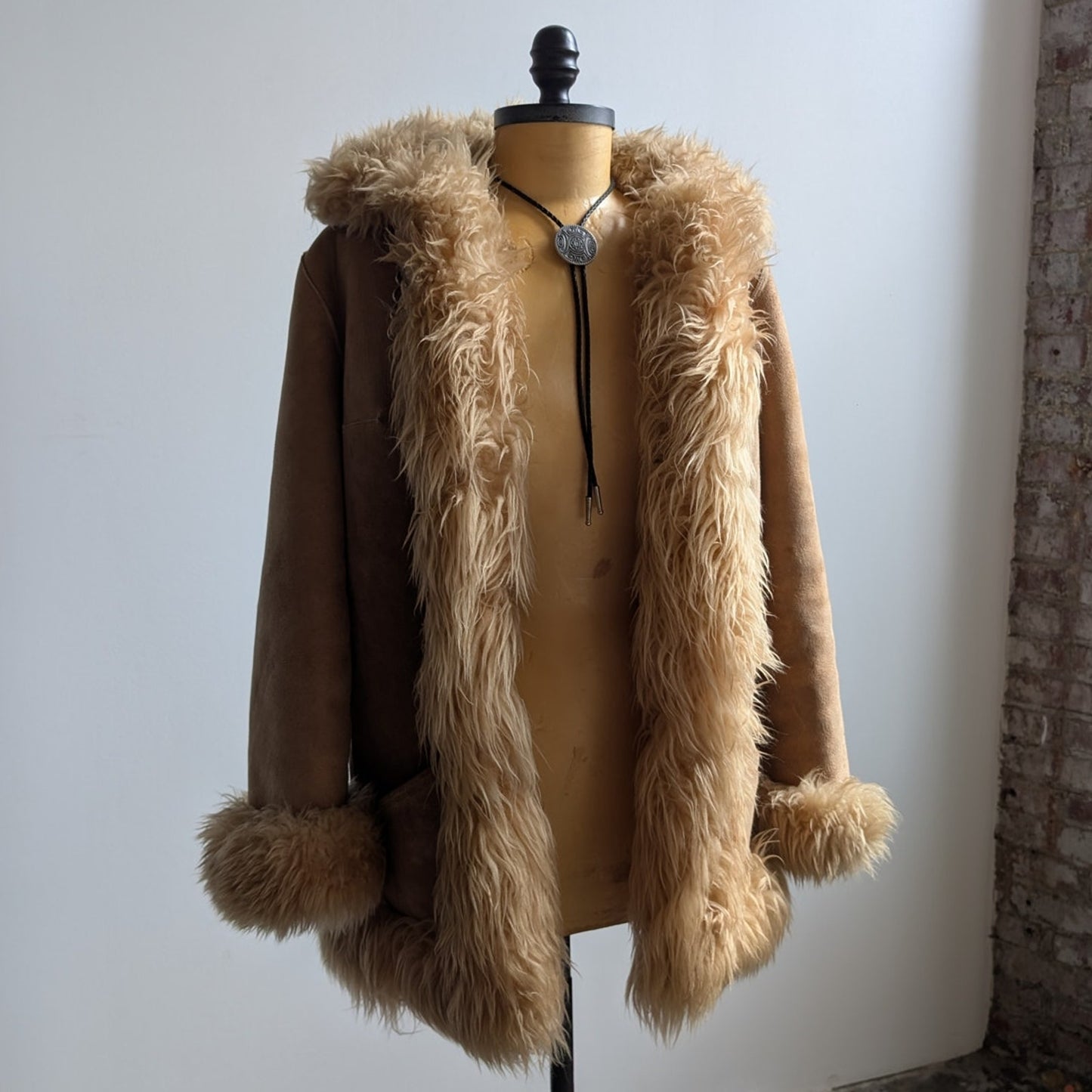 70s Vintage Brown Leather Penny Lane Coat Tan Suede Fur Groovy Boho Afghan Coat