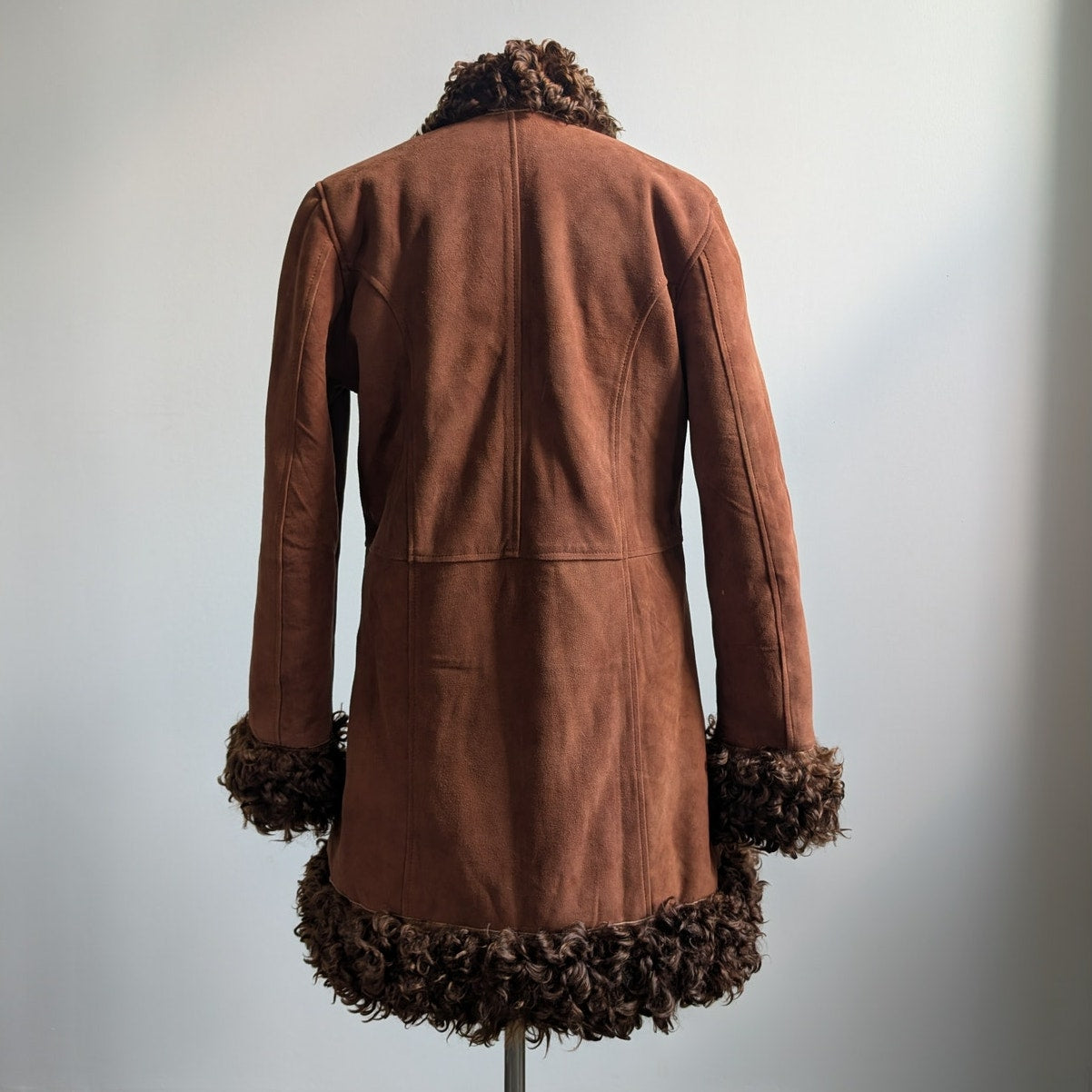 Vintage Brown Suede Penny Lane Afghan Trench Coat Fur Trim Leather Jacket Large