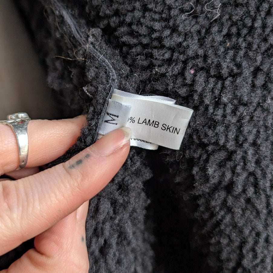 Vintage Black Leather Shearling Coat Afghan Fur Minimalist Chic Luxury Jacket