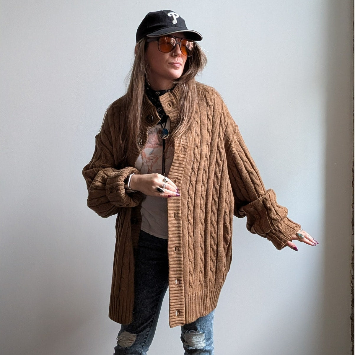 Vintage Brown Cable Knit Cardigan Chunky Grandpa Cosby Sweater Minimalist XL