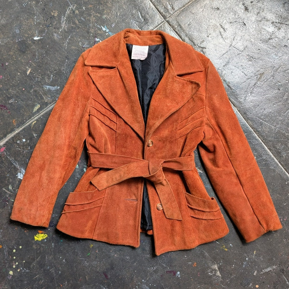 Vintage Orange Brown Suede Jacket Belted Leather Coat Western Rust Red 70s Small