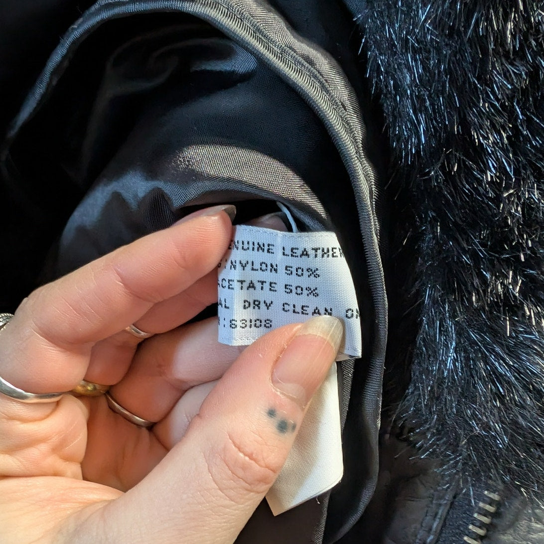 Vintage Black Leather Penny Lane Coat Faux Fur Trench Minimalist Goth Jacket