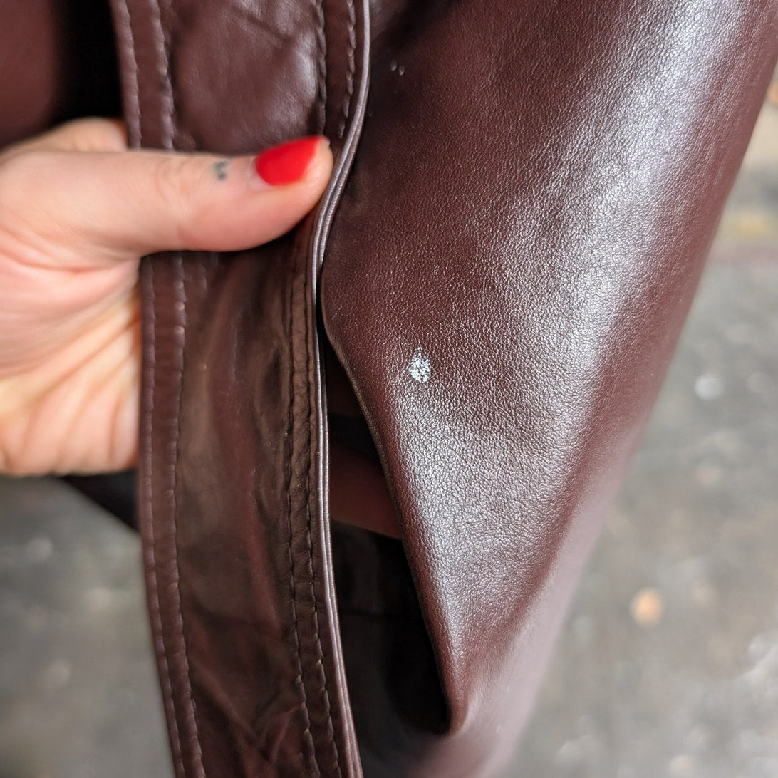 Vintage Brown Red Leather Jacket Minimalist Grunge Chic Biker Trench Coat Large