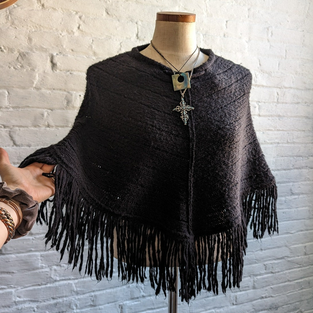 Y2K Vintage Black Knit Fringe Poncho Goth Western Dark Grunge