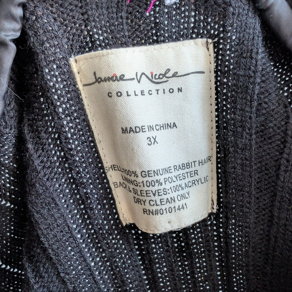 Vintage Black Genuine Rabbit Fur Sweater Stretchy Jacket Knit Faux Leather Top