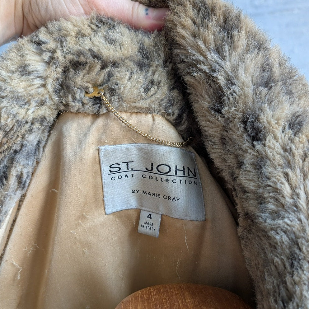 St John Faux Fur Cheetah Trench Coat Y2K Designer Animal Print Luxury Jacket