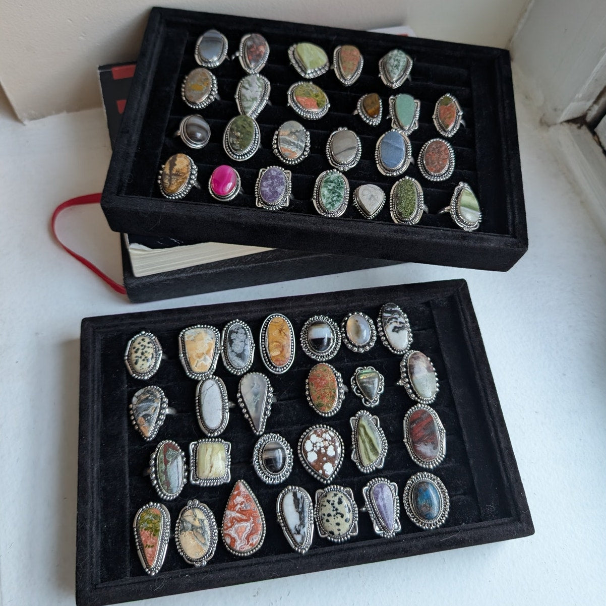 Oval Black Statement Ring Sterling Silver Ring Vintage Boho Natural Stone 7.5