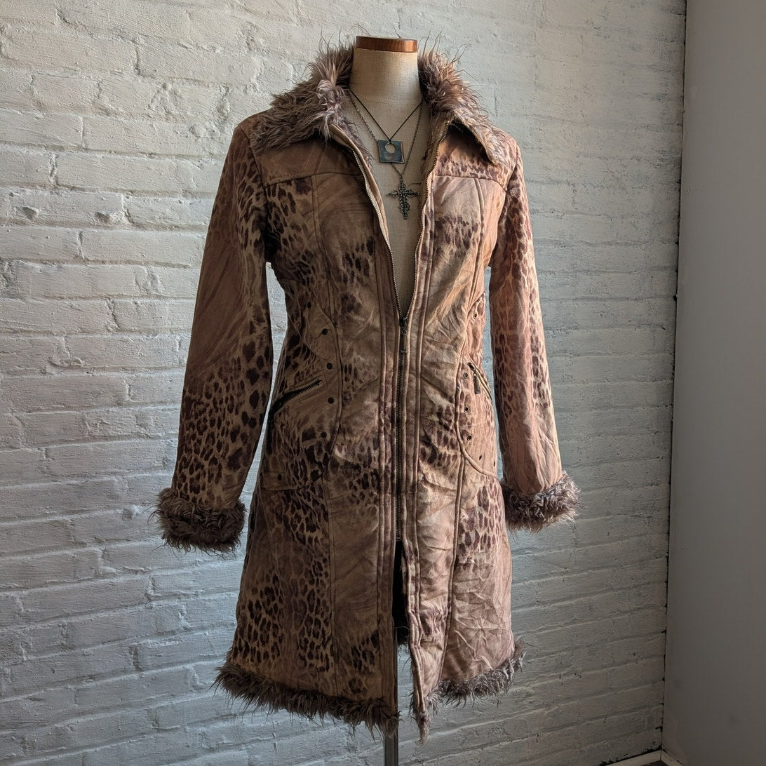 Vintage Faux Fur Cheetah Penny Lane Jacket Neutral Leopard Print Trench Coat