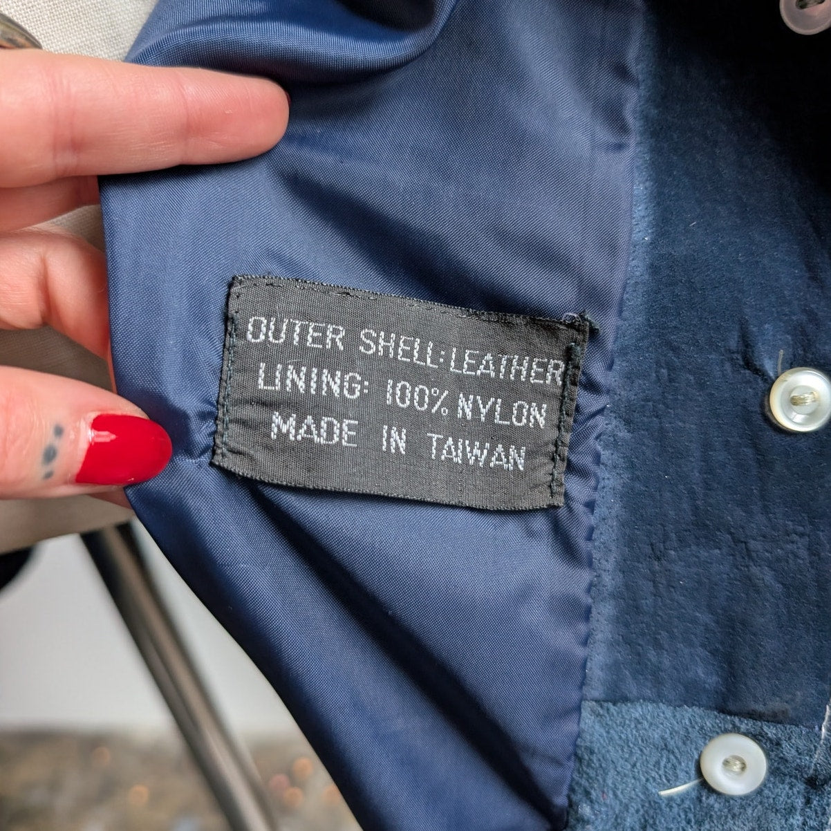 70s Vintage Blue Suede Penny Lane Fur Coat Leather Jacket Trench Boho Medium