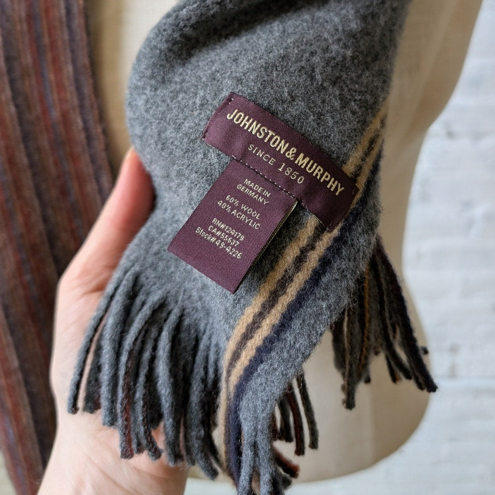 Vintage Muted Rainbow Striped Wool Blend Scarf Fuzzy Furry Knit Fringe Wrap