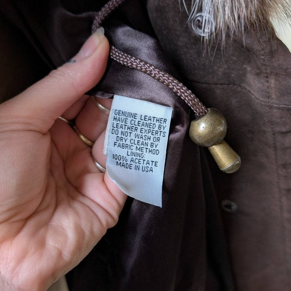 Vintage Brown Suede Coat Fur Trim Genuine Leather Minimalist Mini Trench Jacket