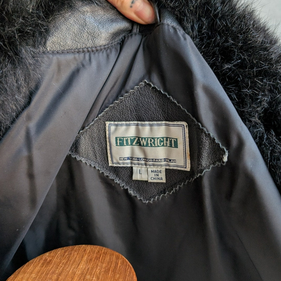 Vintage Black Leather Penny Lane Coat Fur Trench Minimalist Goth Furry Jacket