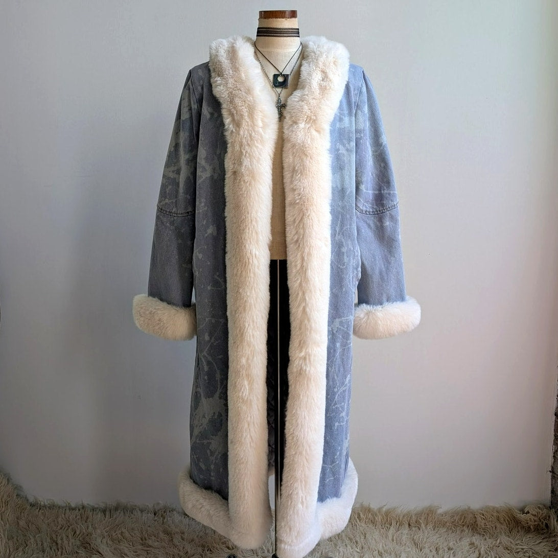 Y2K Faux Fur Penny Lane Coat Acid Wash Denim Trench Coat Afghan Jacket Large