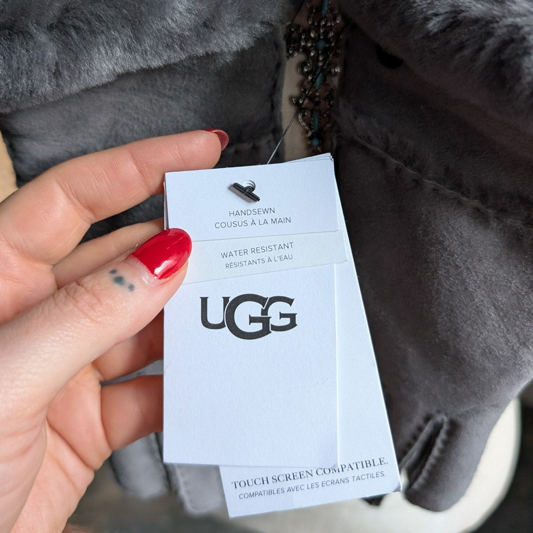 UGG Sheepskin Suede Gloves Fur Trim Gloves Gray Chic Leather Luxury New Small