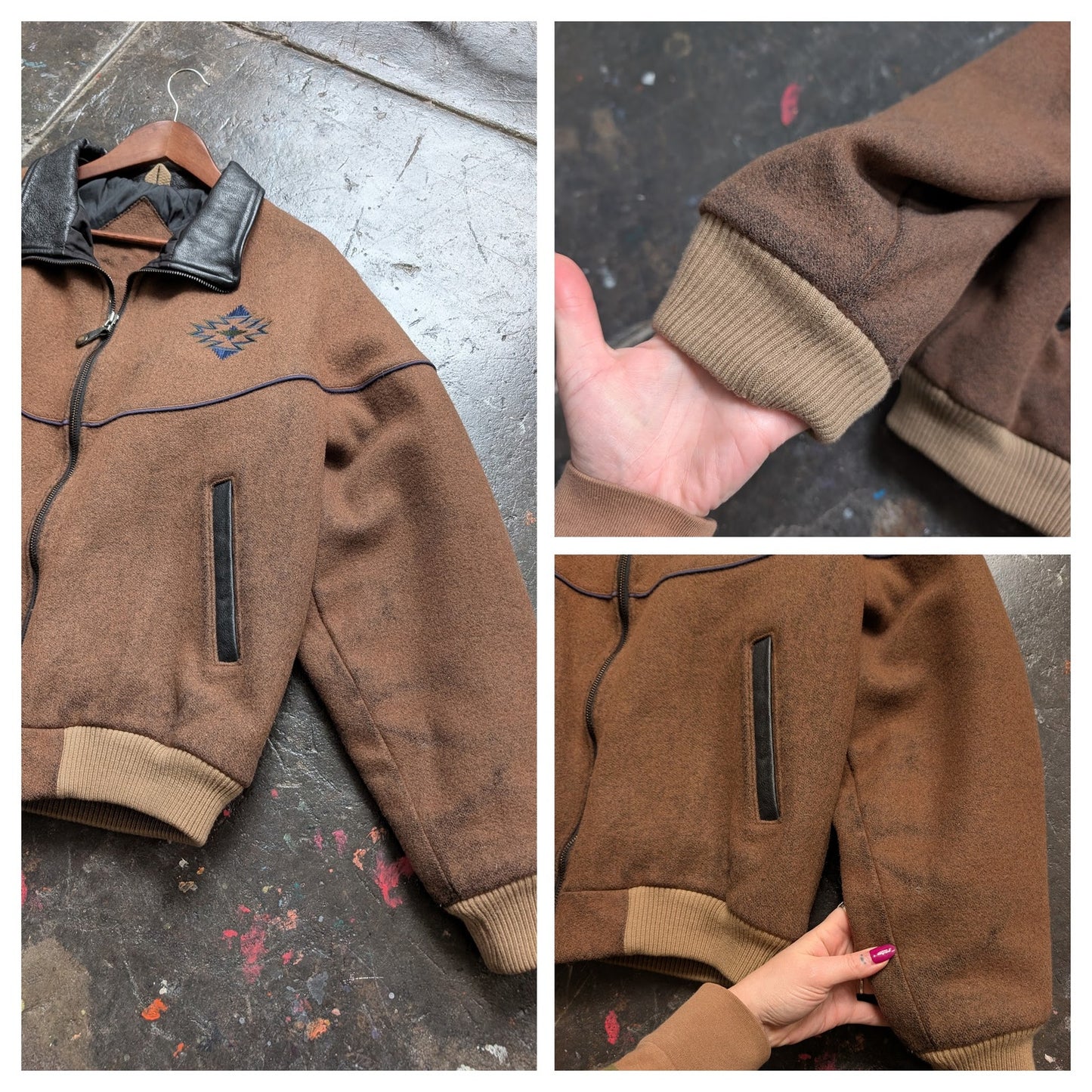Vintage Brown Wool Leather Bomber Jacket Western Utility Cowboy Chore Coat Large