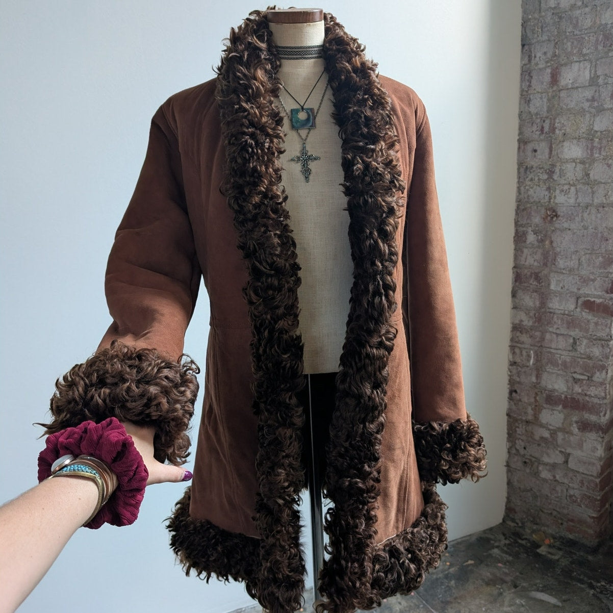 Vintage Brown Suede Penny Lane Afghan Trench Coat Fur Trim Leather Jacket Large