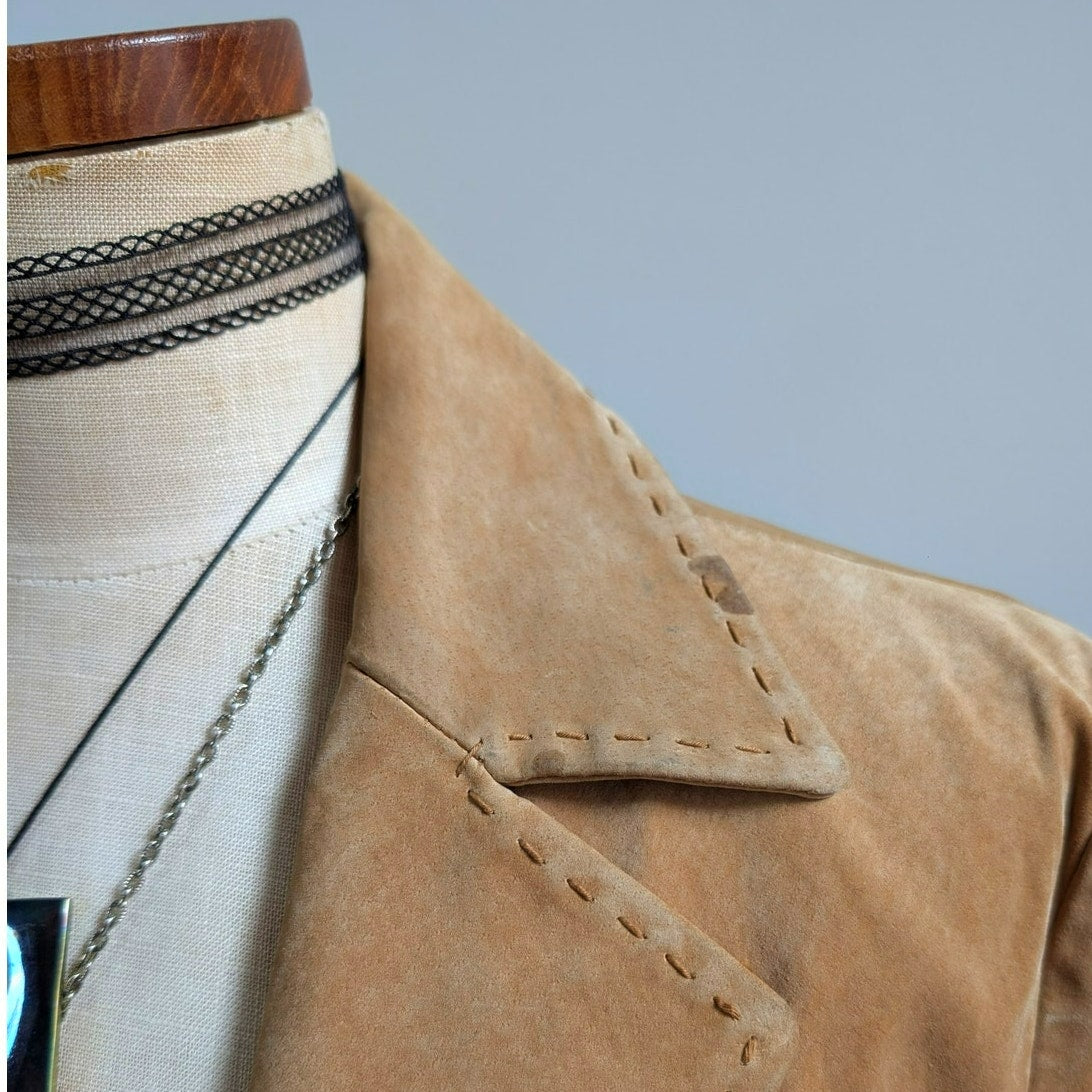 Y2K Tan Leather Trench Coat Neutral Suede Jacket Penny Lane Western Boho Large