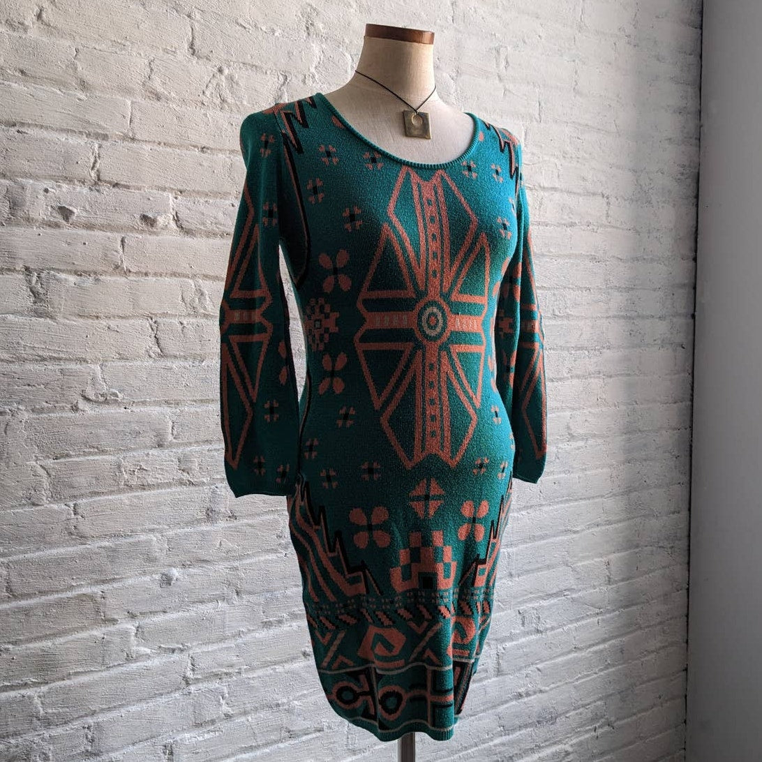 Y2K Funky Knit Dress Green Boho Chic Fairycore Longsleeve Western Bodycon Dress