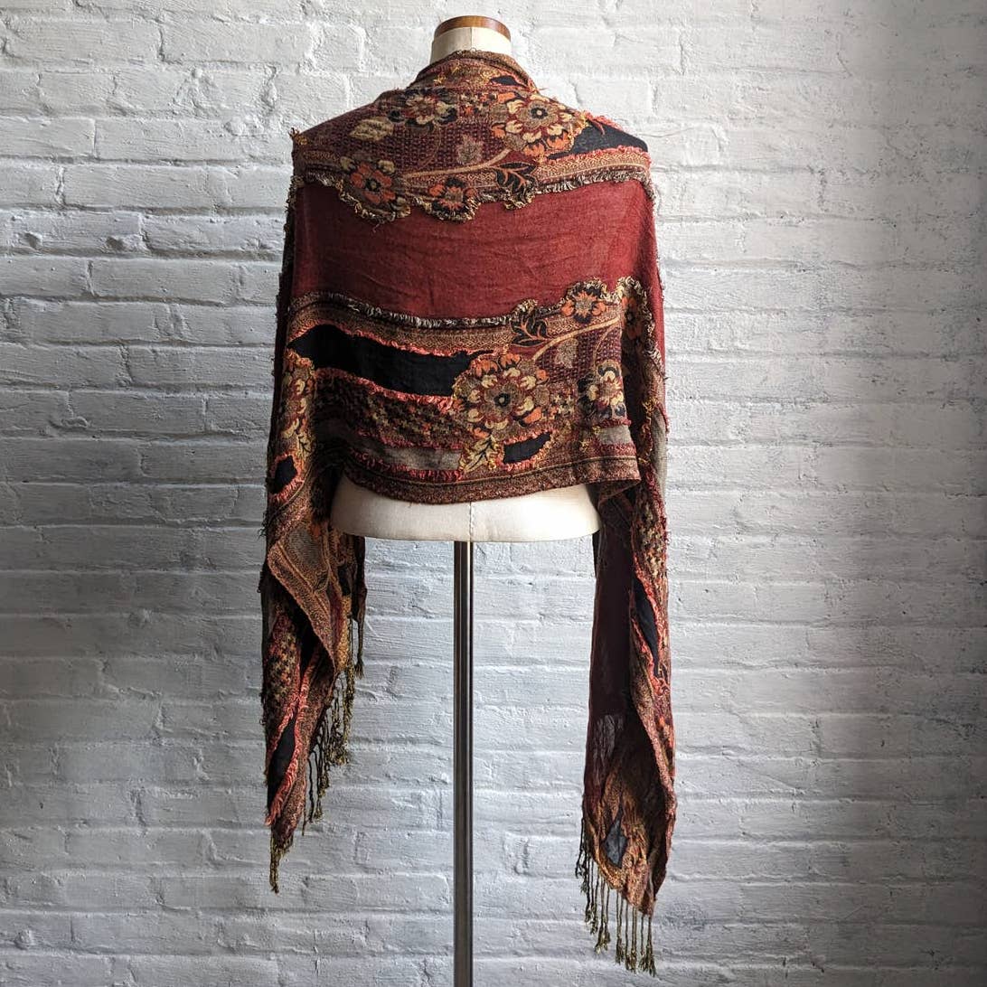 Vintage Floral Fringe 70s style Dark Boho Scarf Rust Red Fall Grunge Fairy Wrap