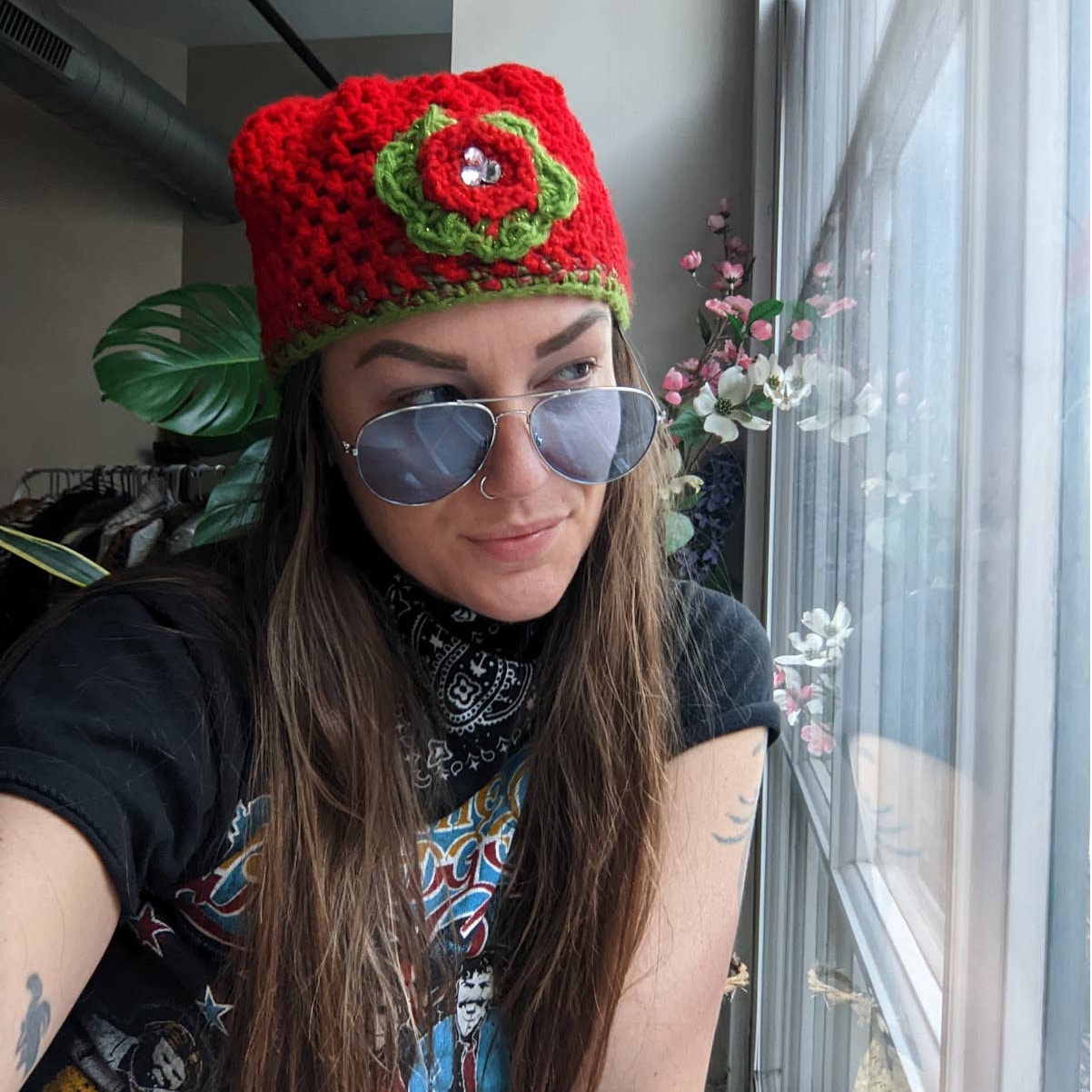 Vintage Y2K Crochet Festival Hat Kawaii Red Chunky Knit Beanie Cute Floral Funky