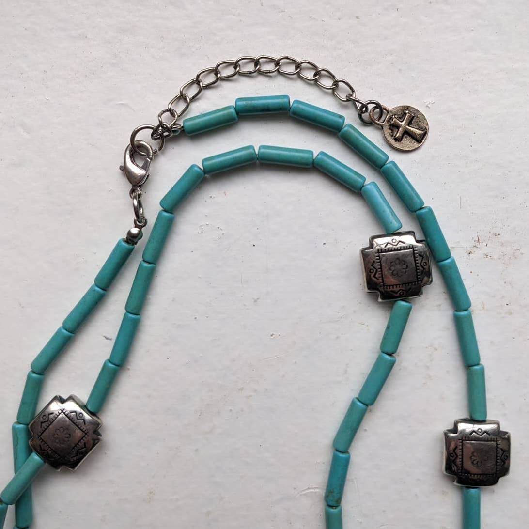 Vintage Southwest Turquoise Concho Necklace Silver Bolo Floral Americana Jewelry