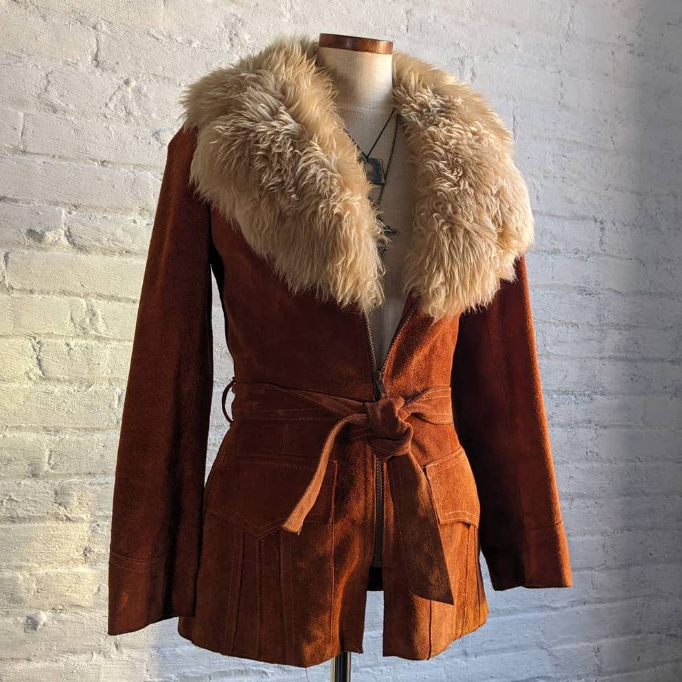 70s Penny Lane Groovy Suede Fur Jacket Furry Genuine Leather Mod Trench Coat
