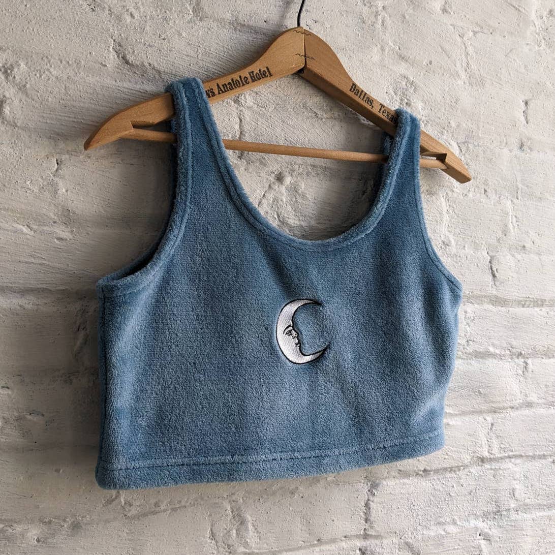 Y2K Vintage Witchy Moon Lunar Embroidered Muted Baby Blue Fleece Crop Top