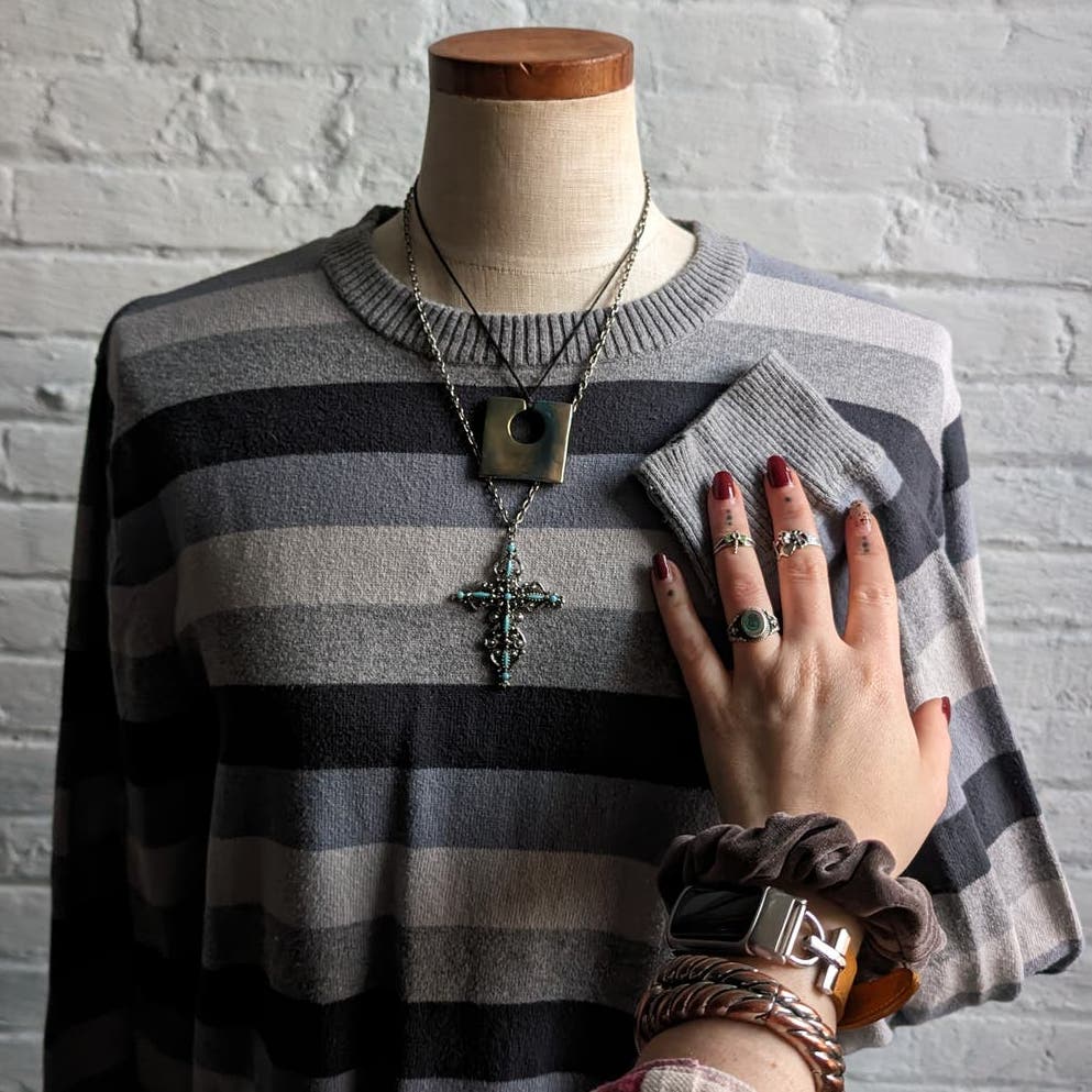 Vintage Neutral Striped Knit Sweater Minimalist Grunge Skate Preppy Grandpa Top