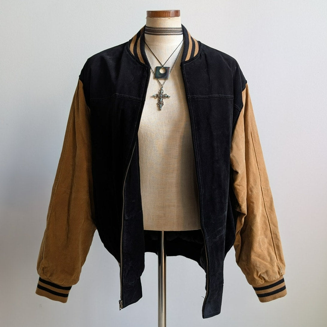 Vintage Black Leather Bomber Jacket Brown Suede Jacket Y2K Varsity Preppy Large