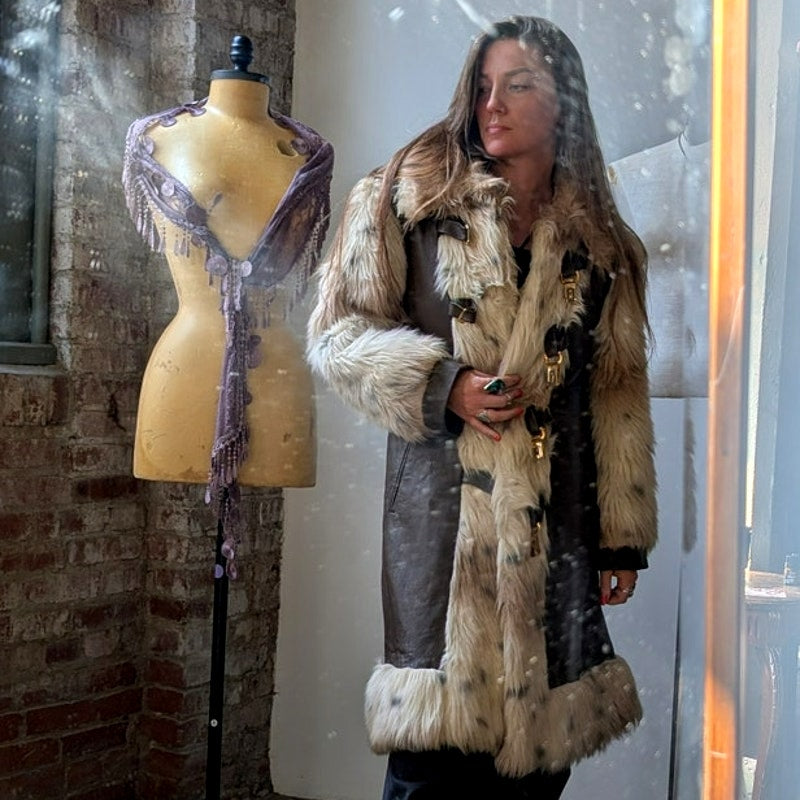 Vintage Cheetah Faux Fur Afghan Coat Leather Penny Lane Shaggy Trench Jacket